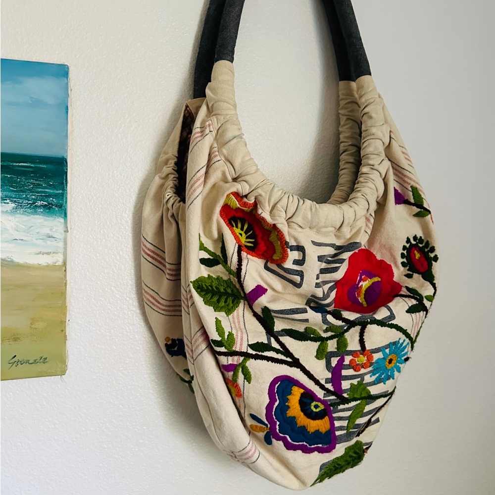 HUGE large Free People boho Hobo tote bag. Made from an old sail. Embroidered.